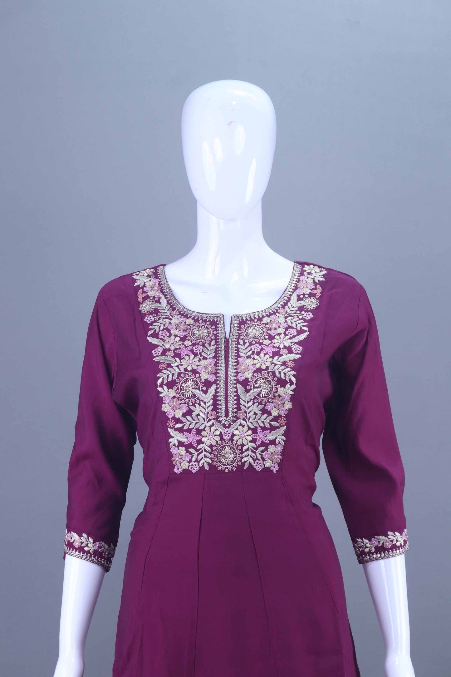 Designer Wine Purple Embroidered Kurti Pant Set with Dupatta