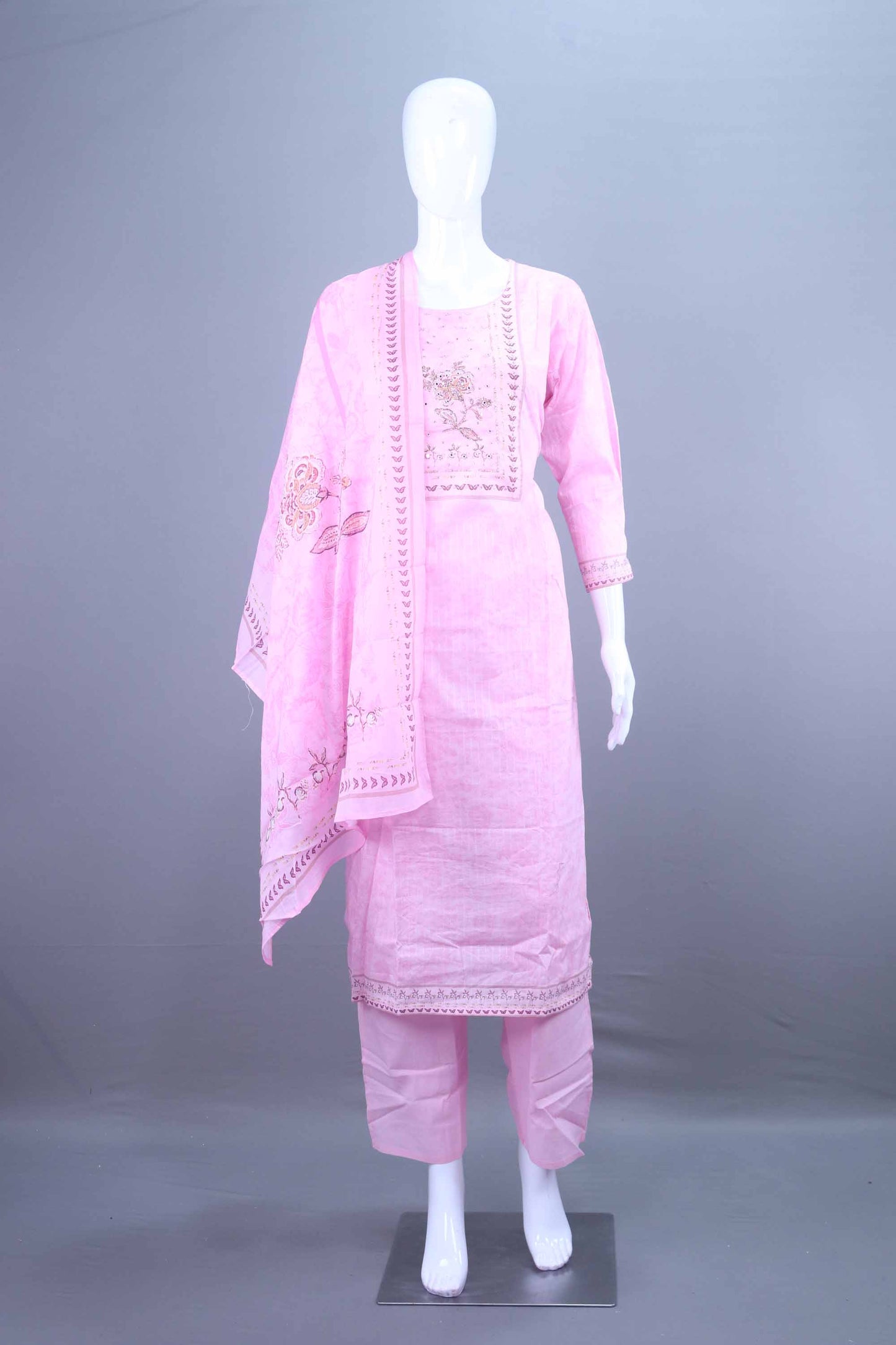 Designer Pink mbroidered Cotton Kurti Pant Set with Dupatta