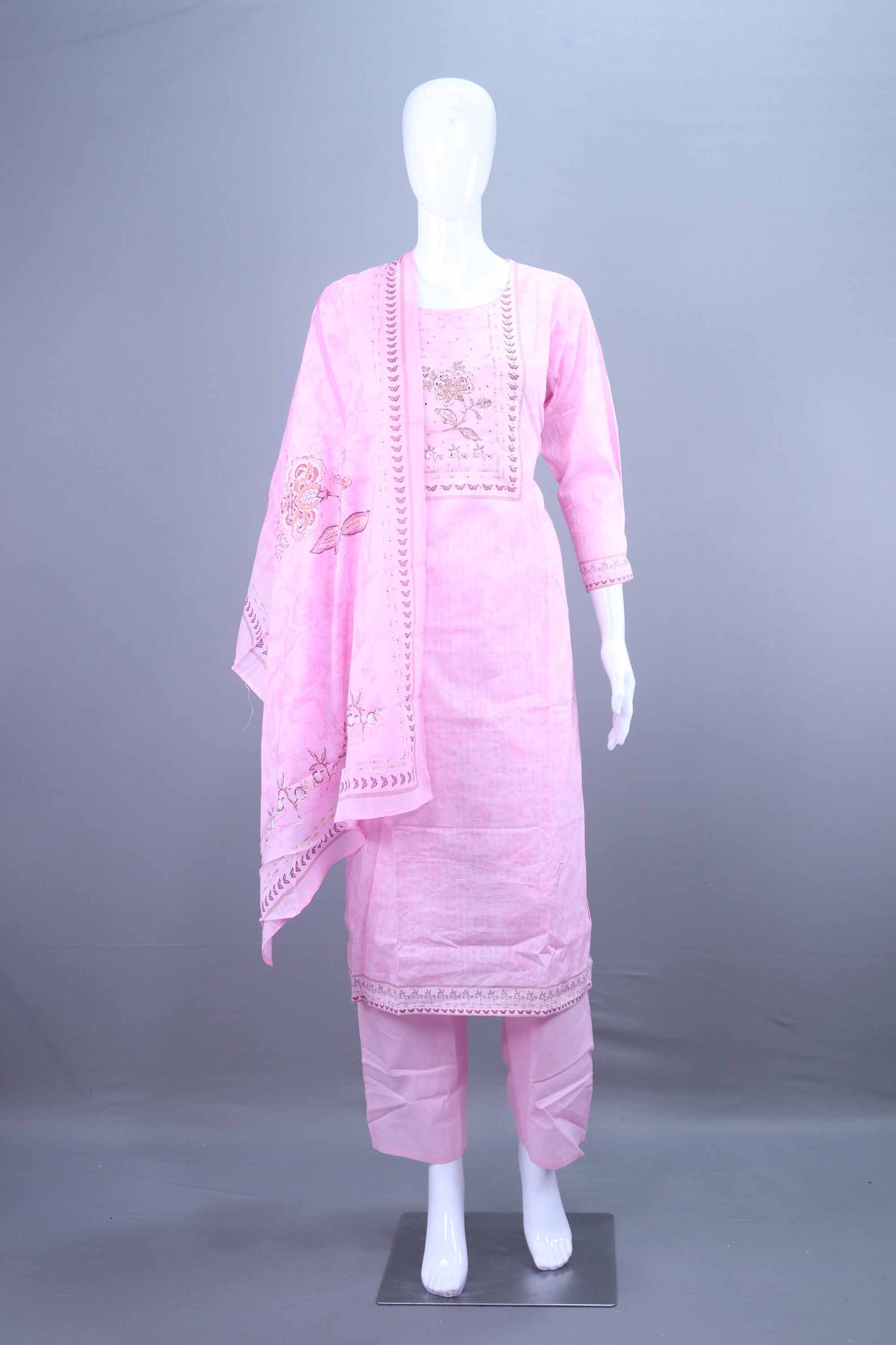 Designer Pink mbroidered Cotton Kurti Pant Set with Dupatta