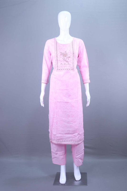 Designer Pink mbroidered Cotton Kurti Pant Set with Dupatta