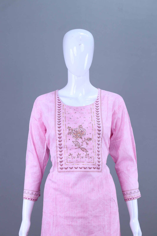 Designer Pink mbroidered Cotton Kurti Pant Set with Dupatta