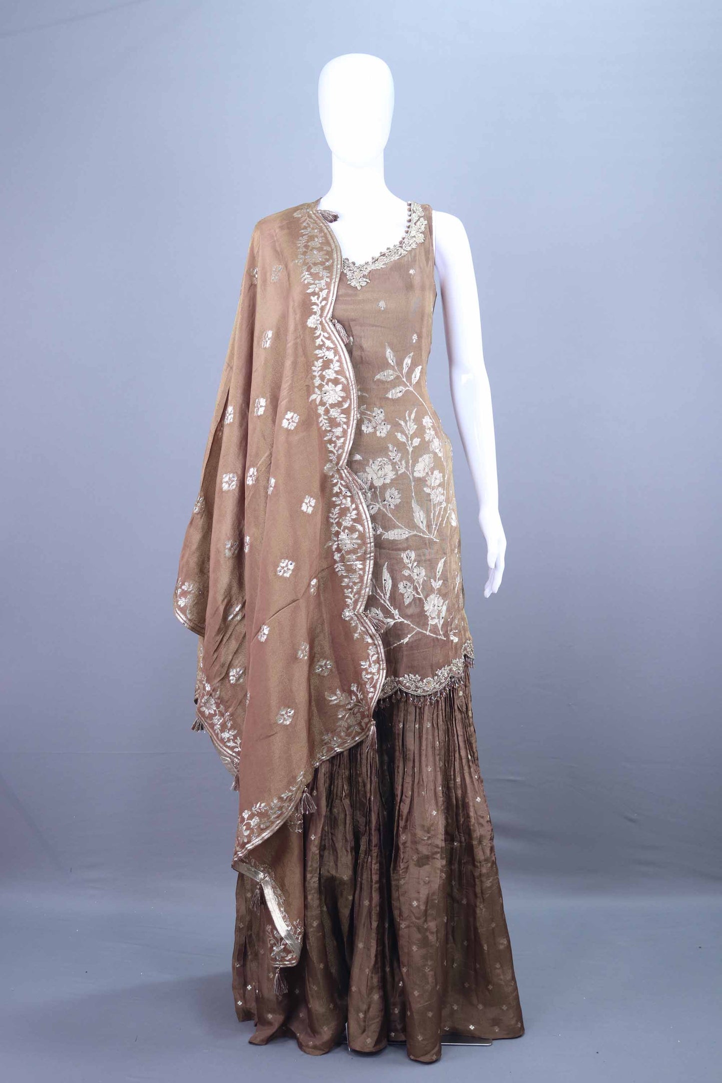 Brown Embroidered Designer Sharara Suit Sleeveless Kurti with Dupatta
