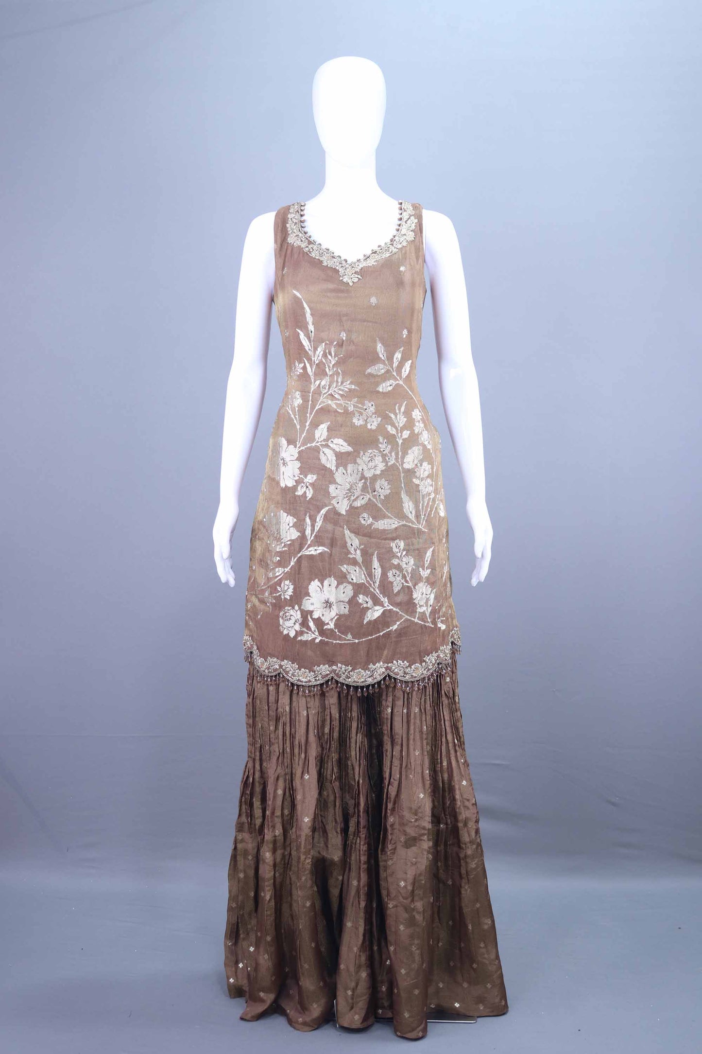 Brown Embroidered Designer Sharara Suit Sleeveless Kurti with Dupatta