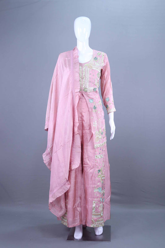 Pink Embroidered Silk Designer Kurta Sharara Set with Dupatta