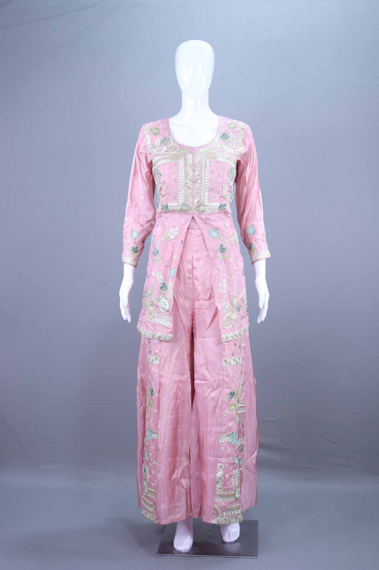 Pink Embroidered Silk Designer Kurta Sharara Set with Dupatta