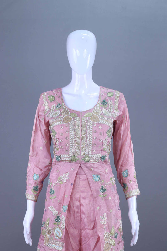 Pink Embroidered Silk Designer Kurta Sharara Set with Dupatta
