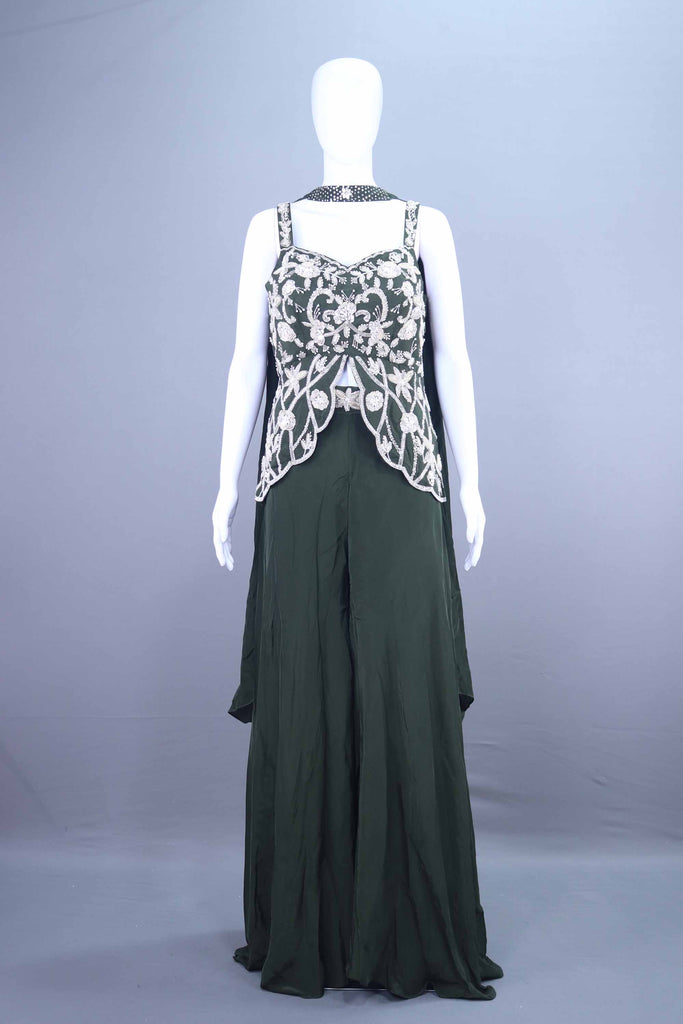 Dark Green Embellished Sleeveless Indo-Western Party Wear Dress
