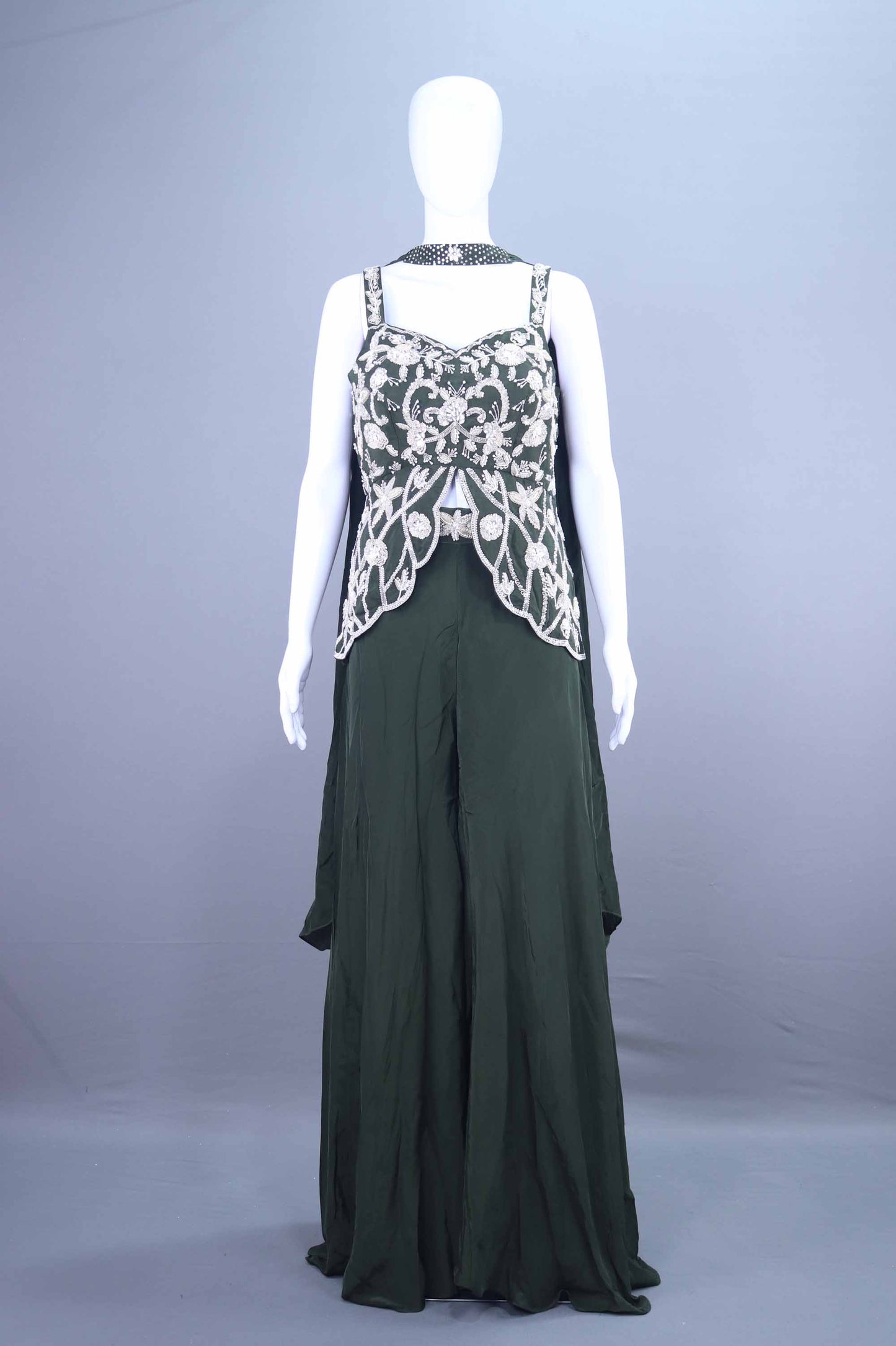 Dark Green Embellished Sleeveless Indo-Western Party Wear Dress