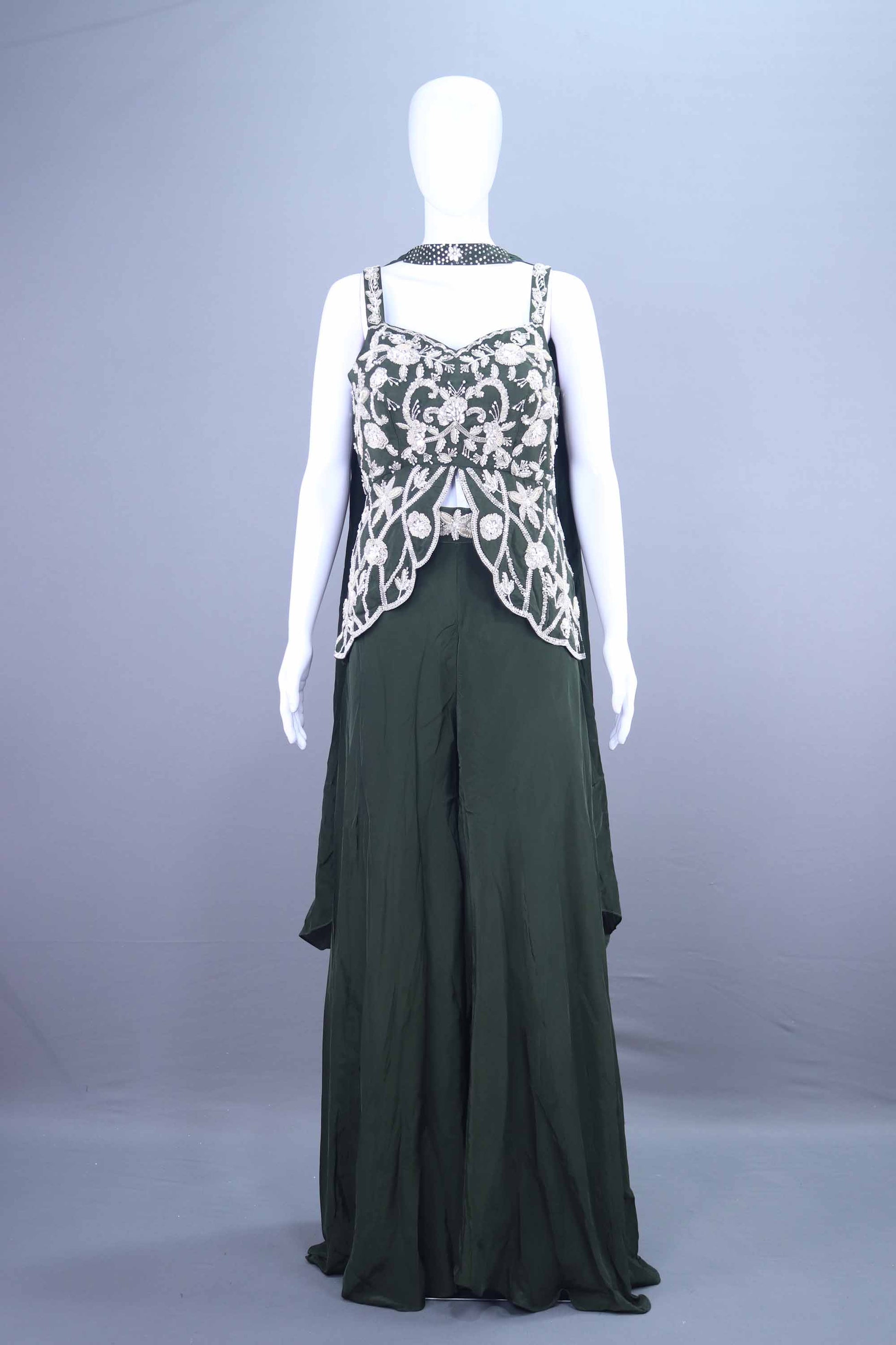 Dark Green Embellished Sleeveless Indo-Western Party Wear Dress