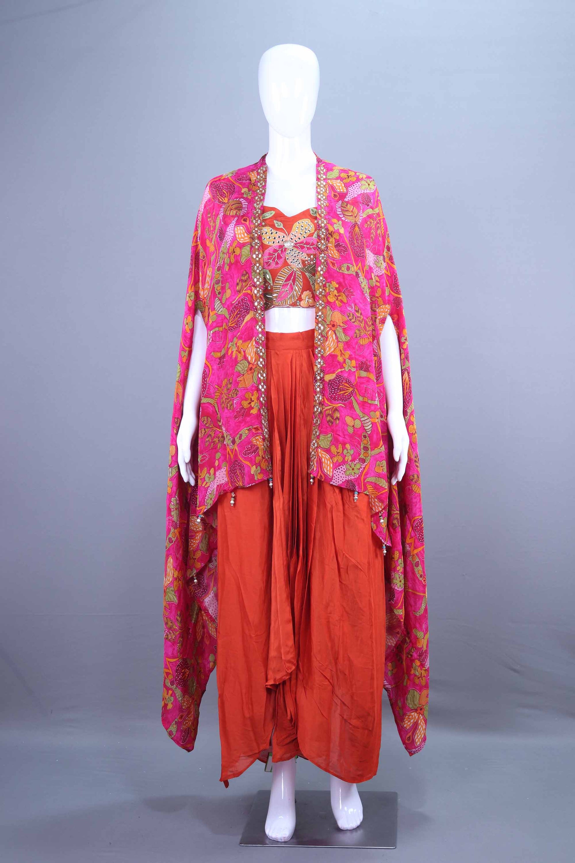Pink Orange Crop Top Dhoti Pants Indo-Western Party Wear Set