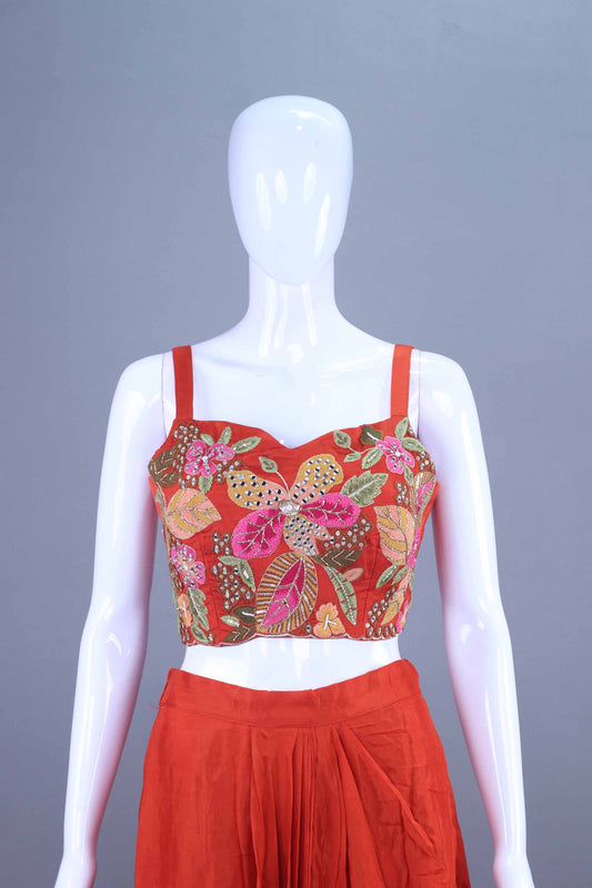 Pink Orange Crop Top Dhoti Pants Indo-Western Party Wear Set