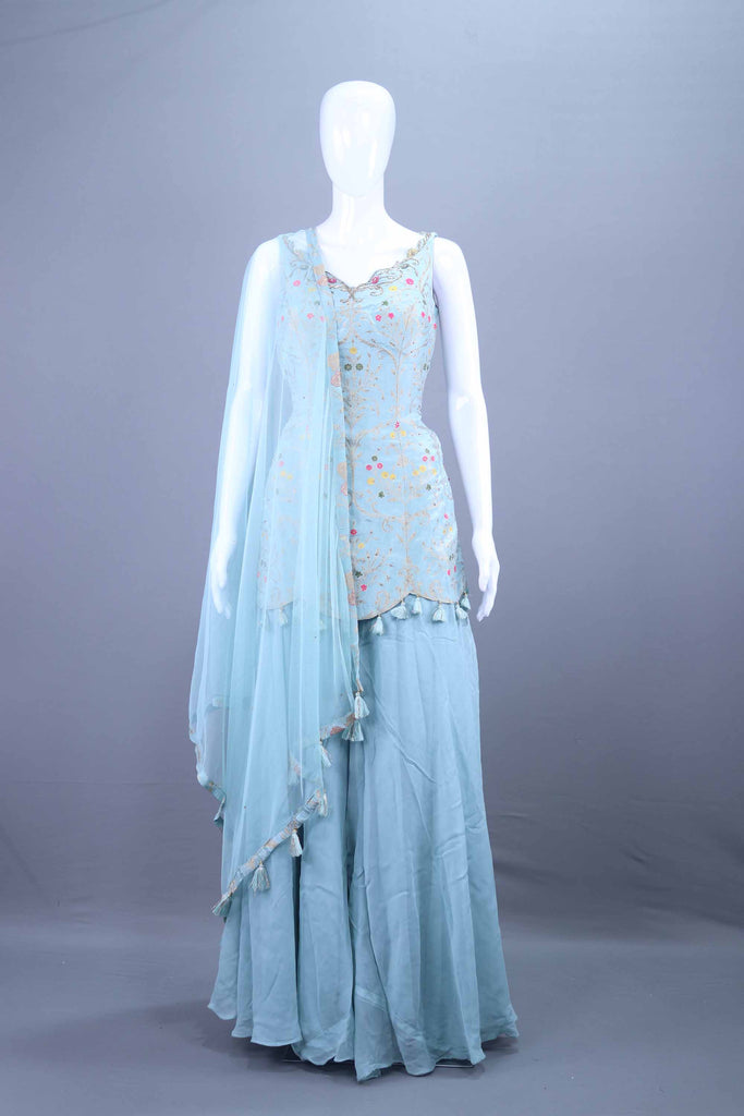 Pastel Blue Embroidered Kurta Sharara Set with Dupatta
