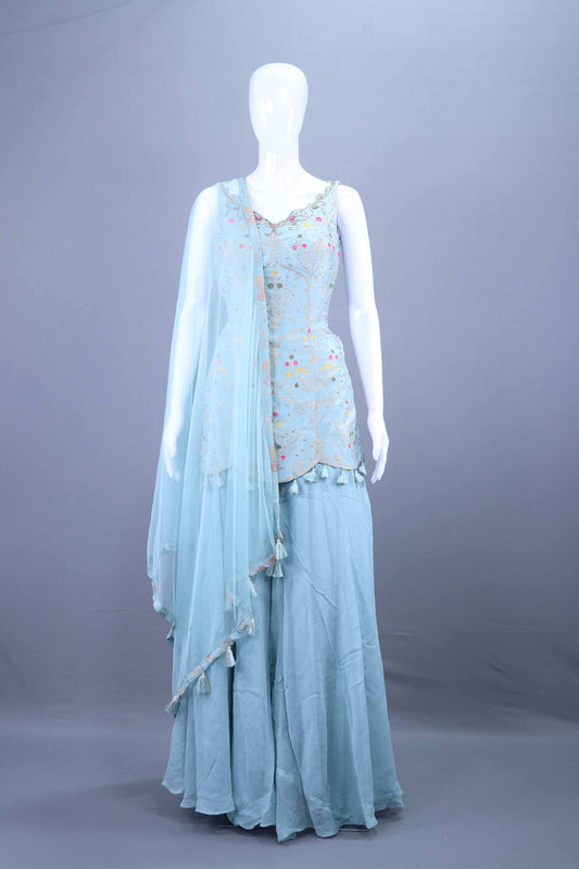 Pastel Blue Embroidered Kurta Sharara Set with Dupatta