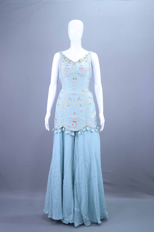 Pastel Blue Embroidered Kurta Sharara Set with Dupatta