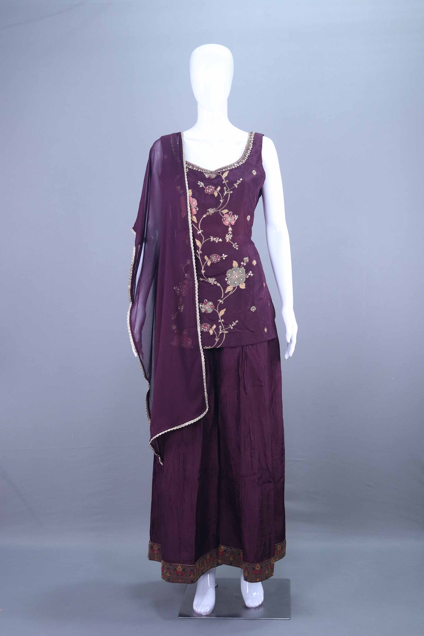 Designer Deep Purple Embroidered Kurti Sharara Set with Dupatta