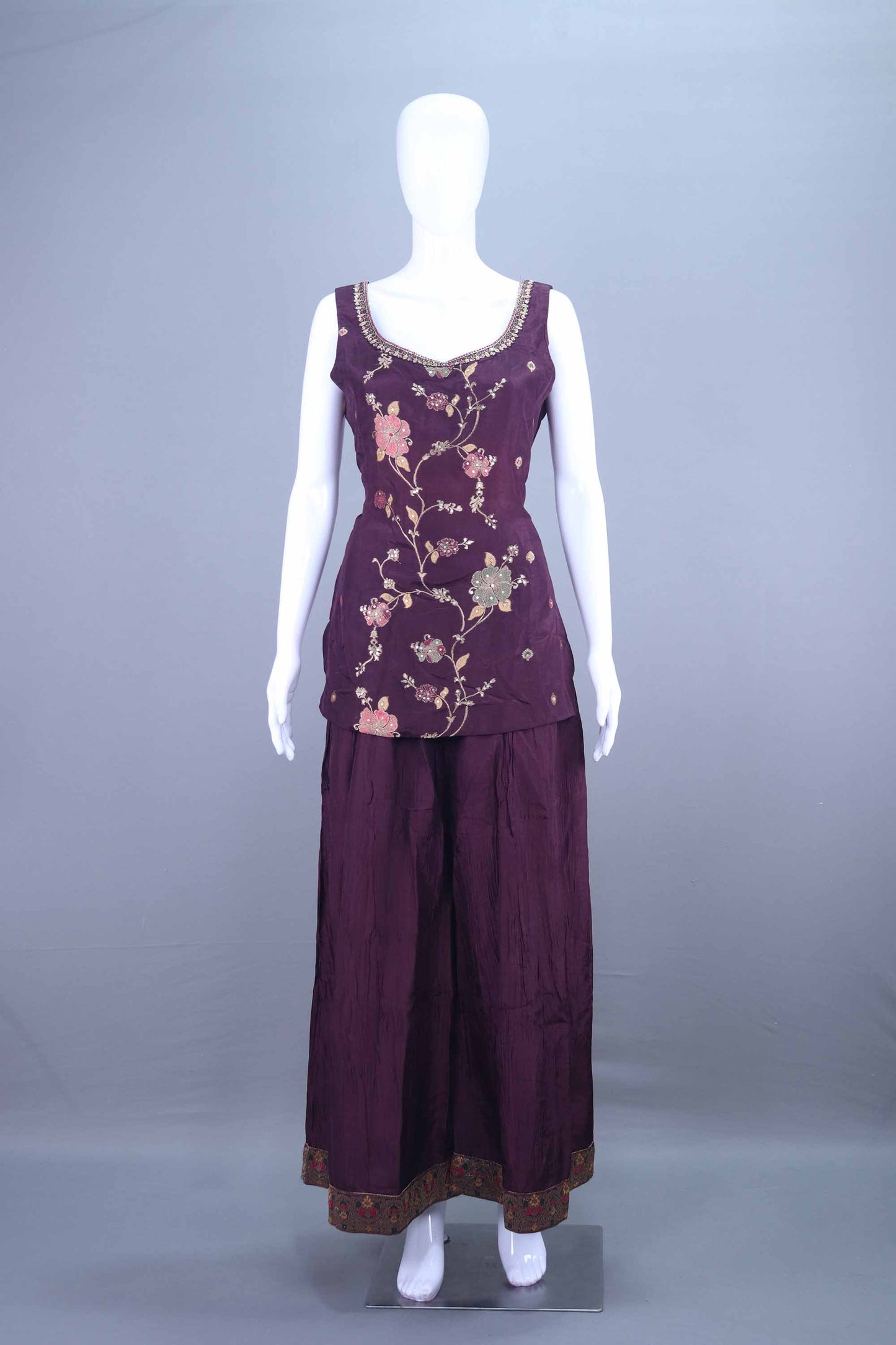 Designer Deep Purple Embroidered Kurti Sharara Set with Dupatta