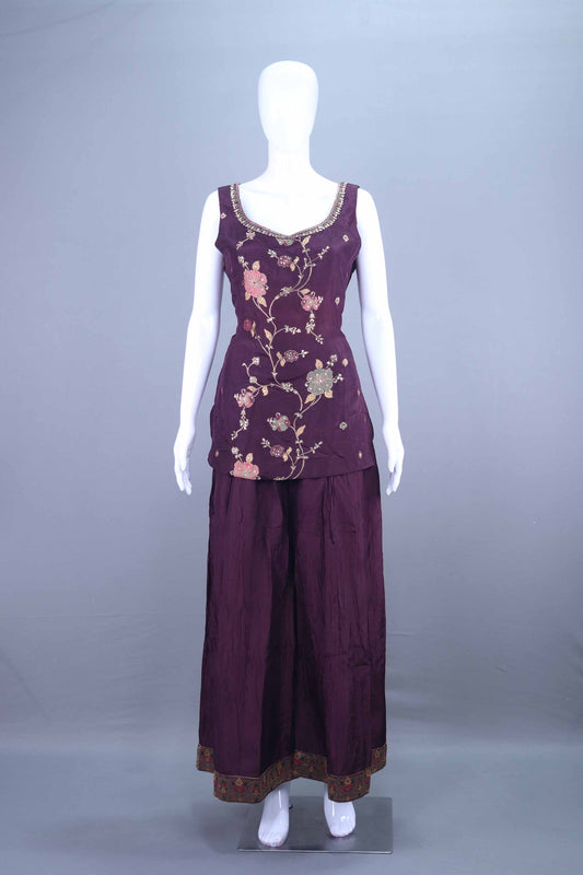 Designer Deep Purple Embroidered Kurti Sharara Set with Dupatta