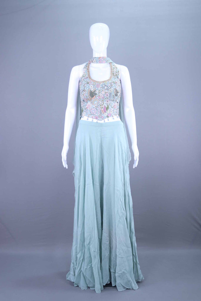 Mint Sky Blue Designer Embroidered Crop Top Palazzo Set