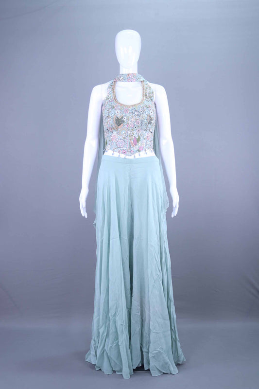 Mint Sky Blue Designer Embroidered Crop Top Palazzo Set