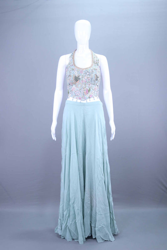 Mint Sky Blue Designer Embroidered Crop Top Palazzo Set