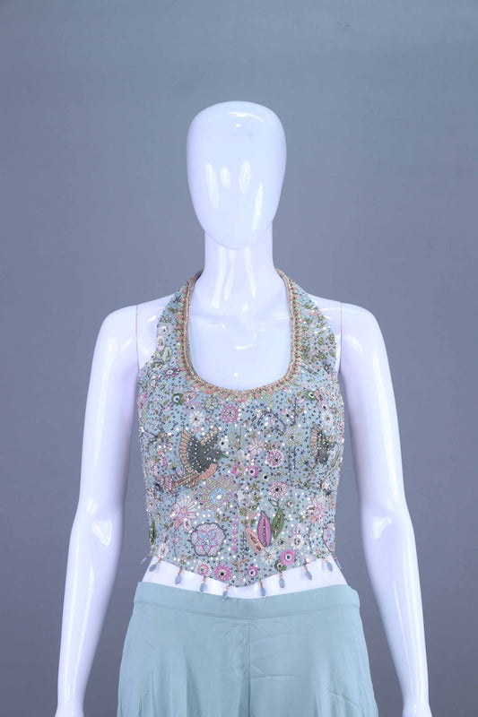 Mint Sky Blue Designer Embroidered Crop Top Palazzo Set