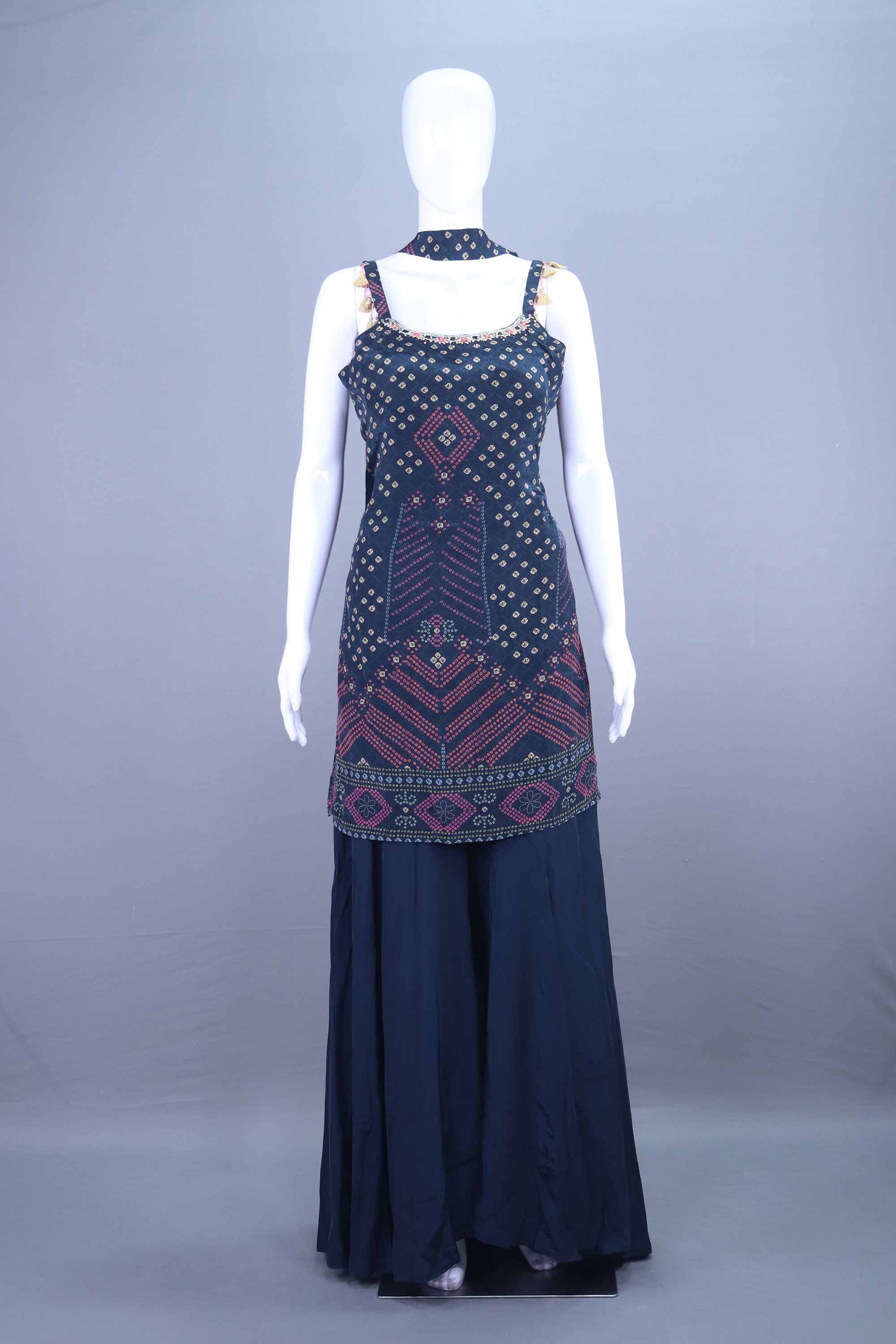 Navy Blue Printed Kurti with Matching Sharara Set Casual Occasions
