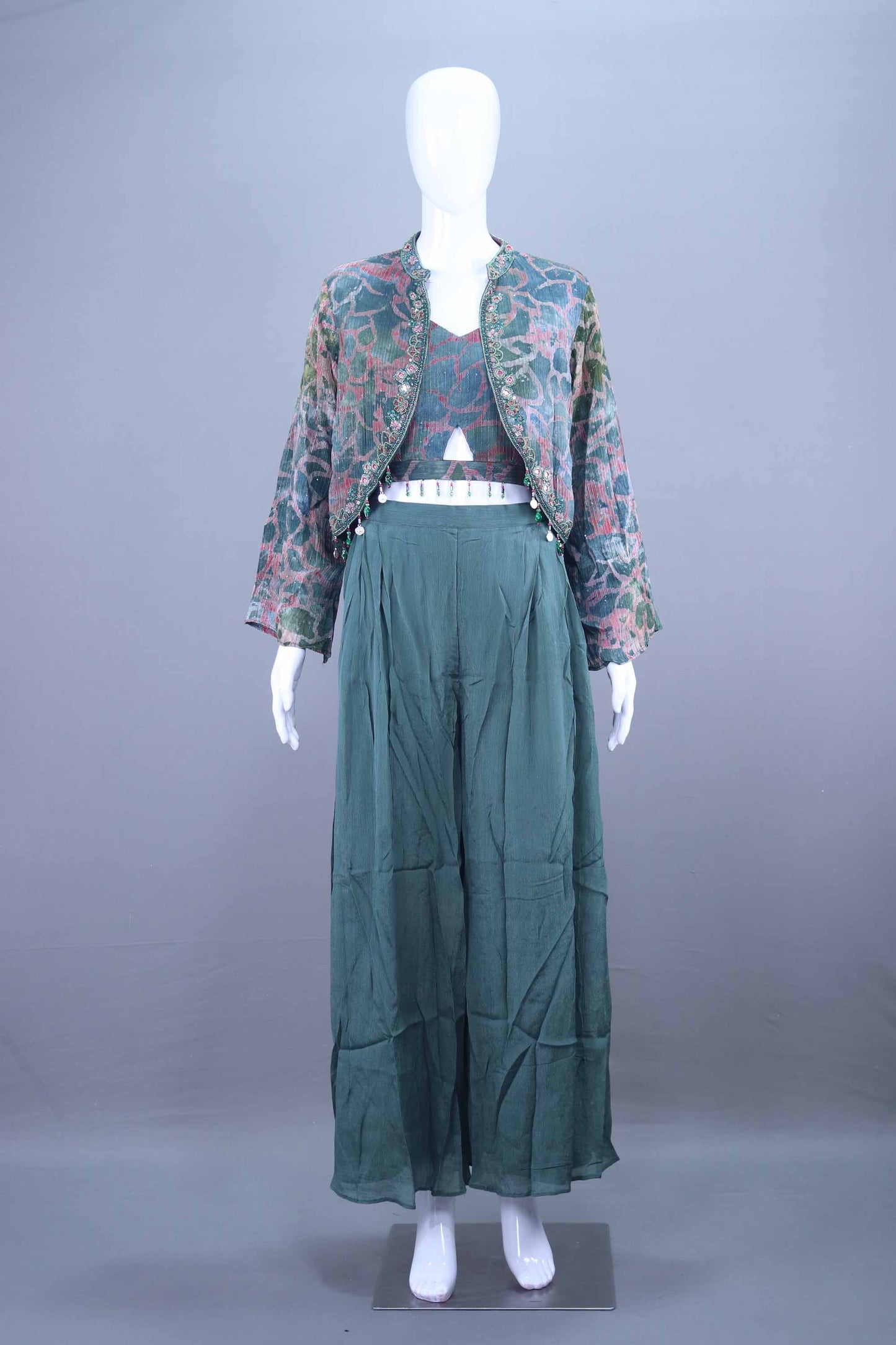 Designer Green Printed Co Ord Set with Crop Top, Jacket Palazzo Pants