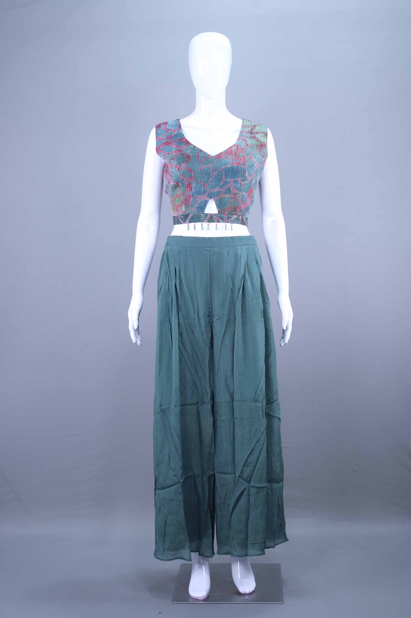 Designer Green Printed Co Ord Set with Crop Top, Jacket Palazzo Pants
