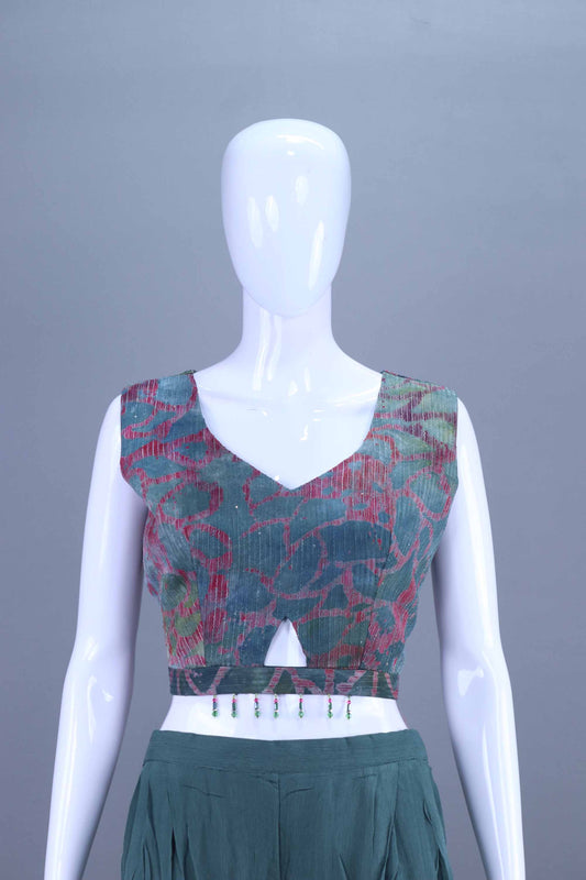 Designer Green Printed Co Ord Set with Crop Top, Jacket Palazzo Pants