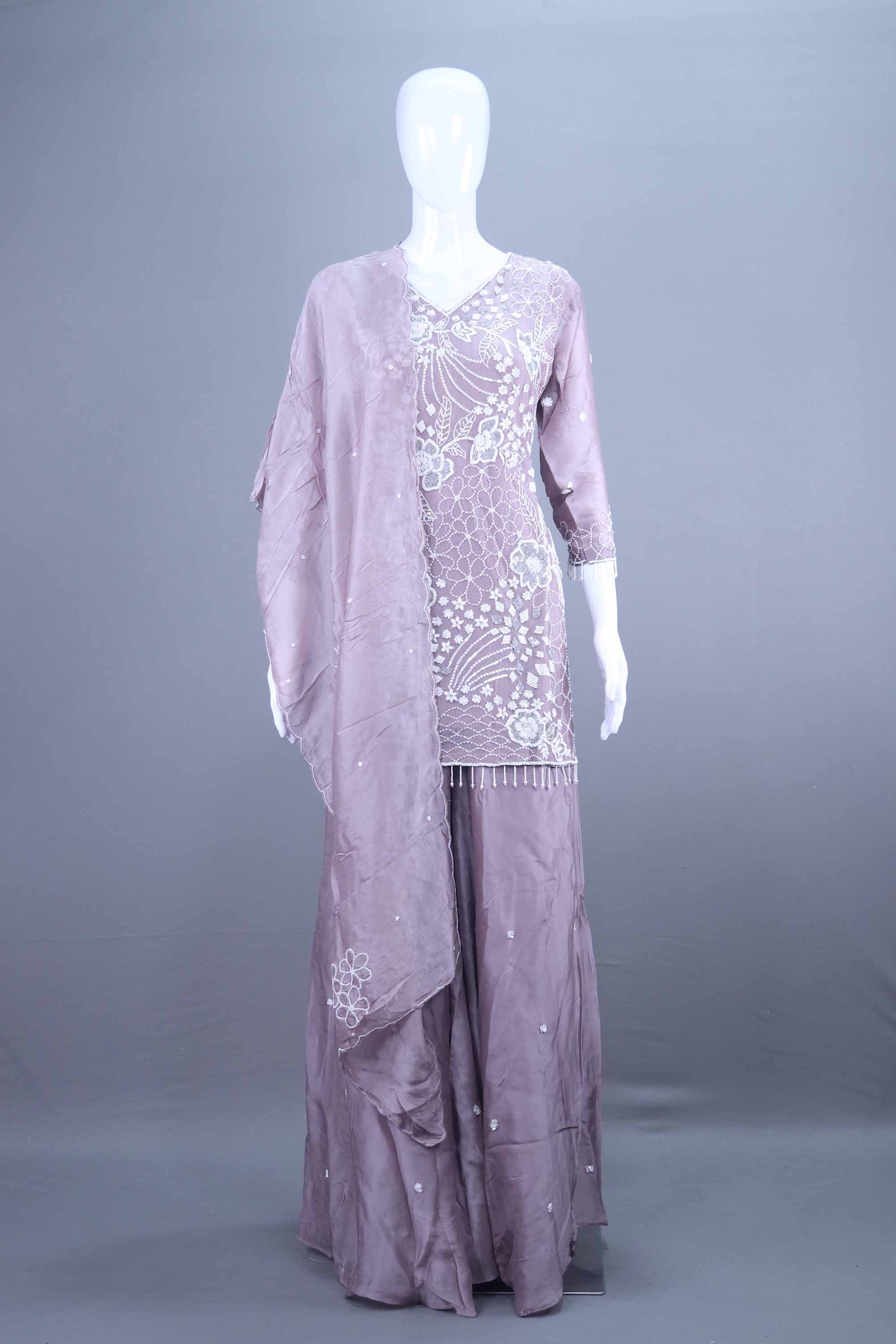 Elegant Lavender Embroidered Sharara Suit with Dupatta