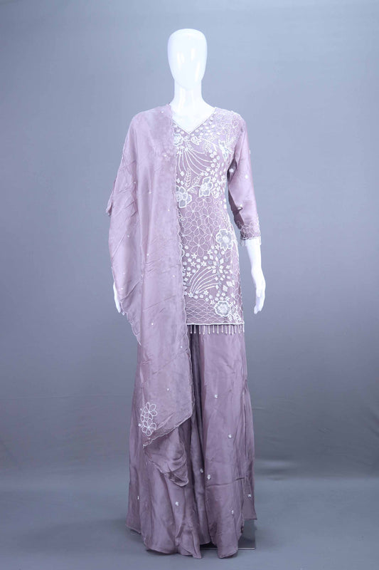 Elegant Lavender Embroidered Sharara Suit with Dupatta
