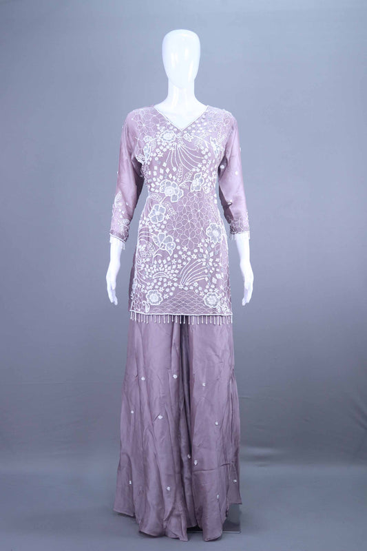 Elegant Lavender Embroidered Sharara Suit with Dupatta