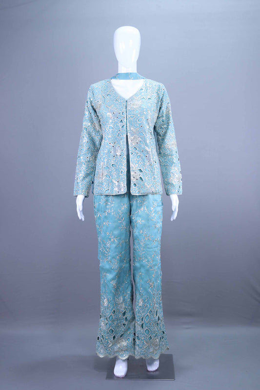 Elegant Aqua Blue Embroidered Jacket Pant Set for Festive Wear