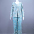 Elegant Aqua Blue Embroidered Jacket Pant Set for Festive Wear