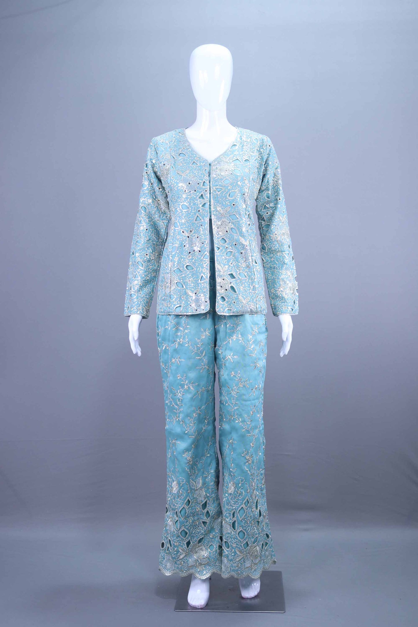Elegant Aqua Blue Embroidered Jacket Pant Set for Festive Wear