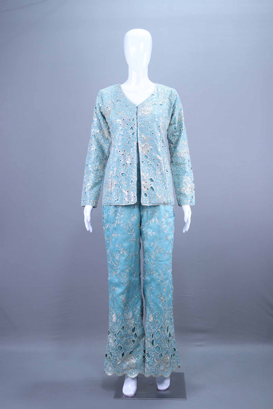 Elegant Aqua Blue Embroidered Jacket Pant Set for Festive Wear
