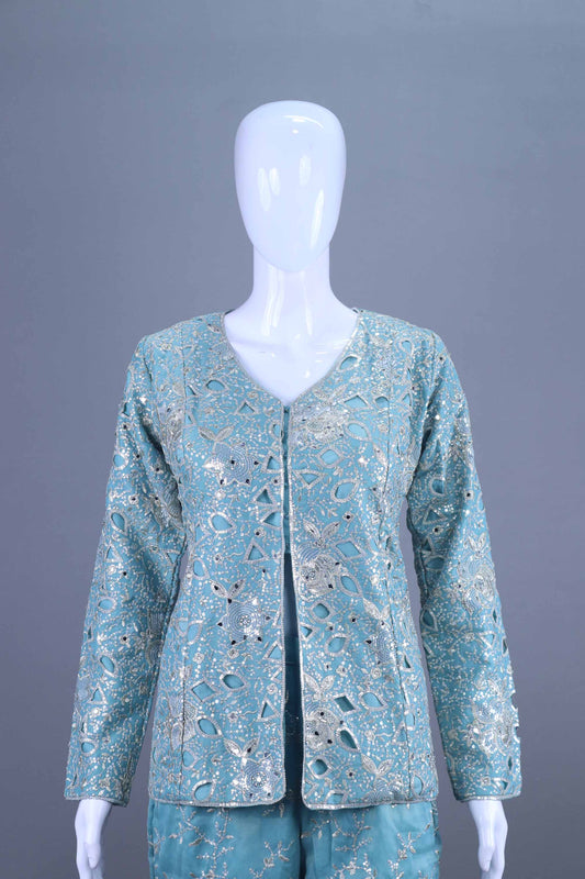 Elegant Aqua Blue Embroidered Jacket Pant Set for Festive Wear