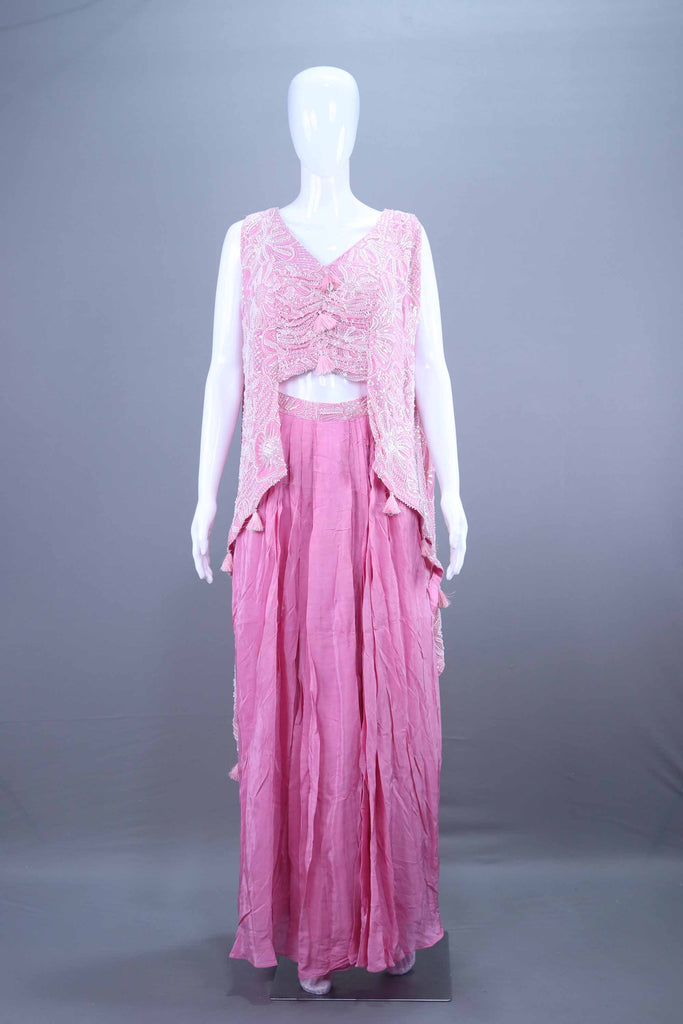 Pink Embroidered Crop Top with Layered Jacket Palazzo Set