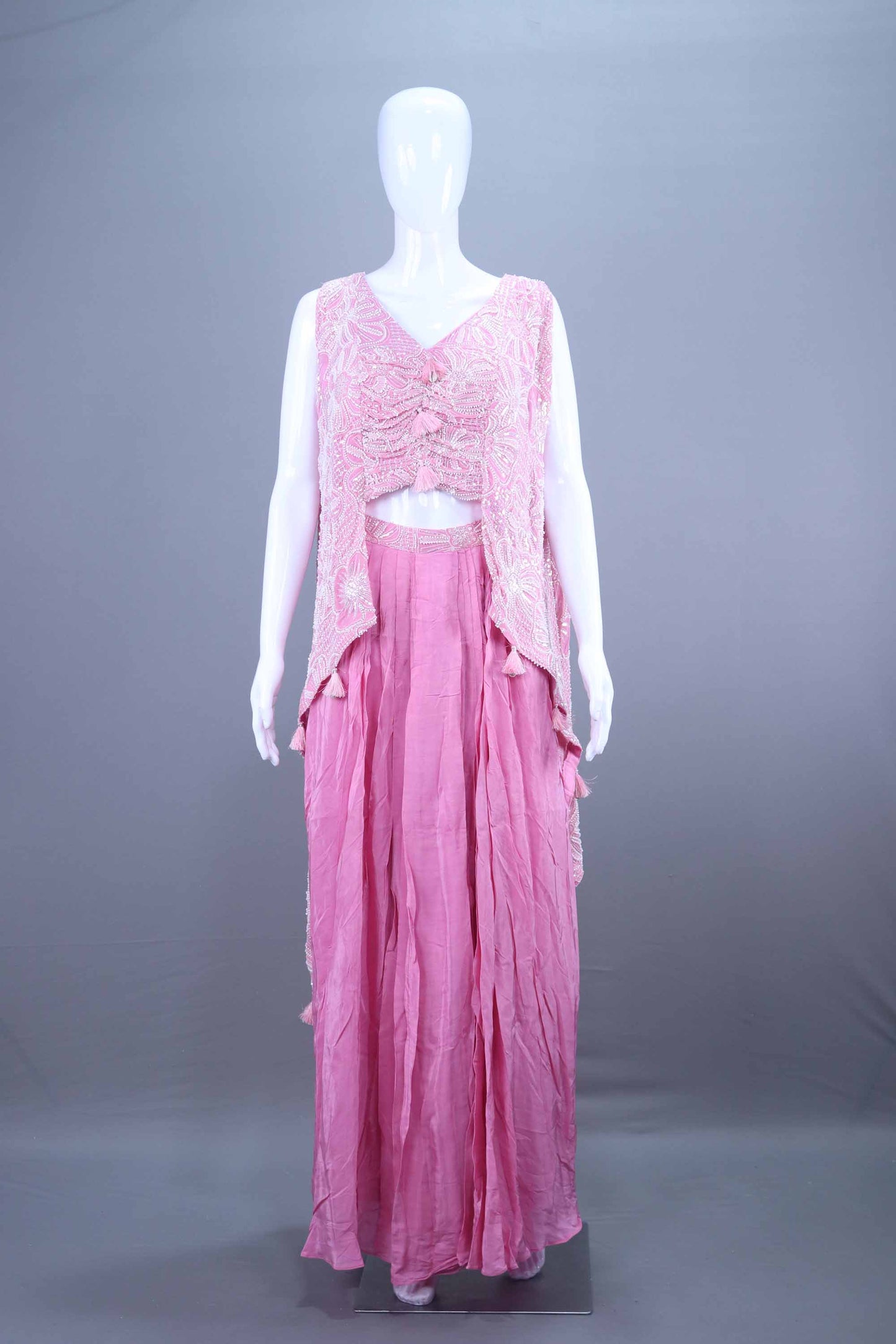 Pink Embroidered Crop Top with Layered Jacket Palazzo Set