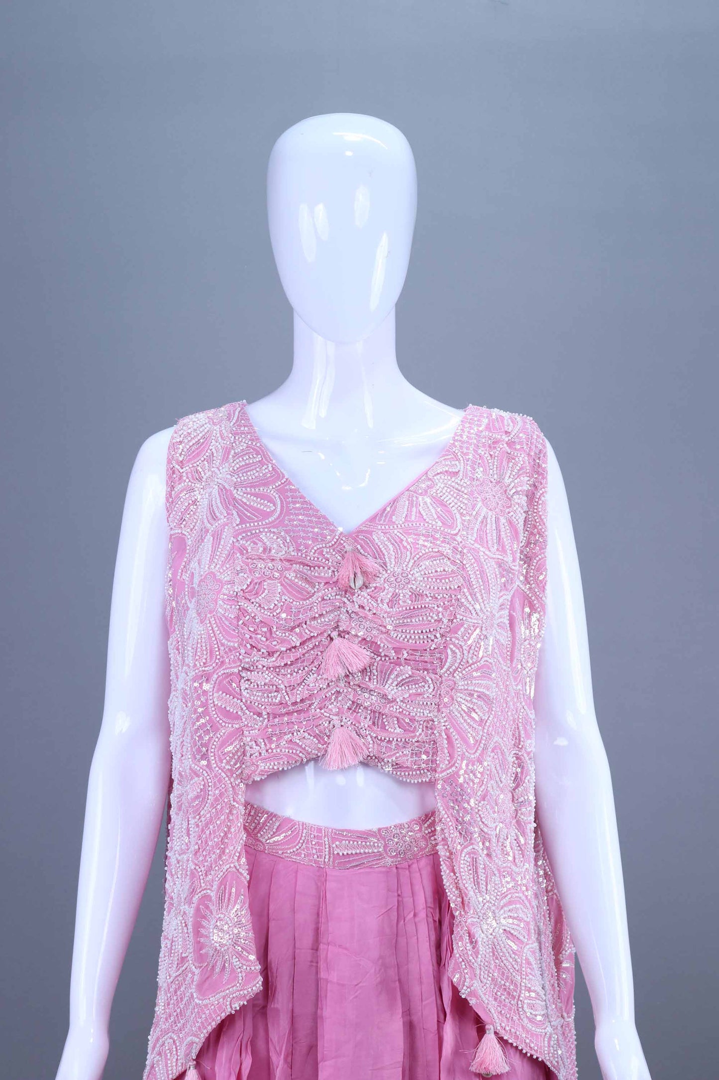 Pink Embroidered Crop Top with Layered Jacket Palazzo Set