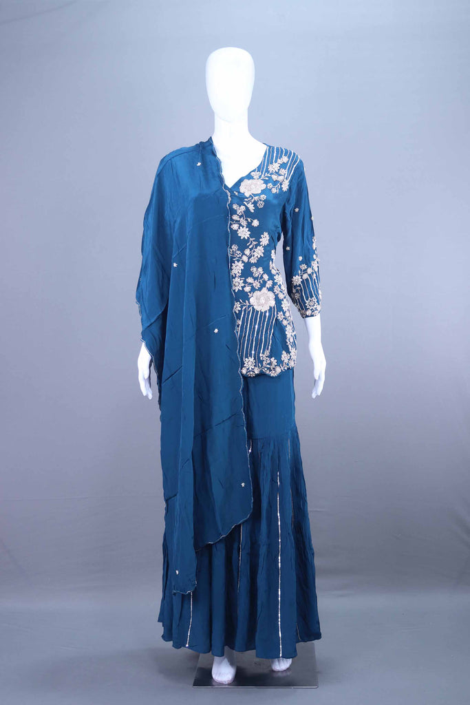Teal Blue Embroidered Georgette Kurti Sharara Set with Dupatta