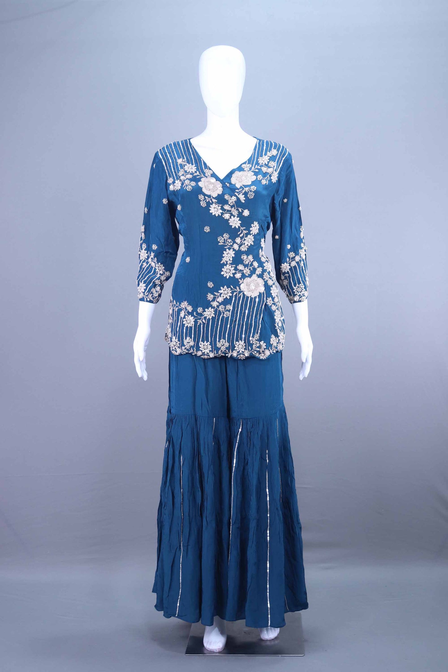 Teal Blue Embroidered Georgette Kurti Sharara Set with Dupatta