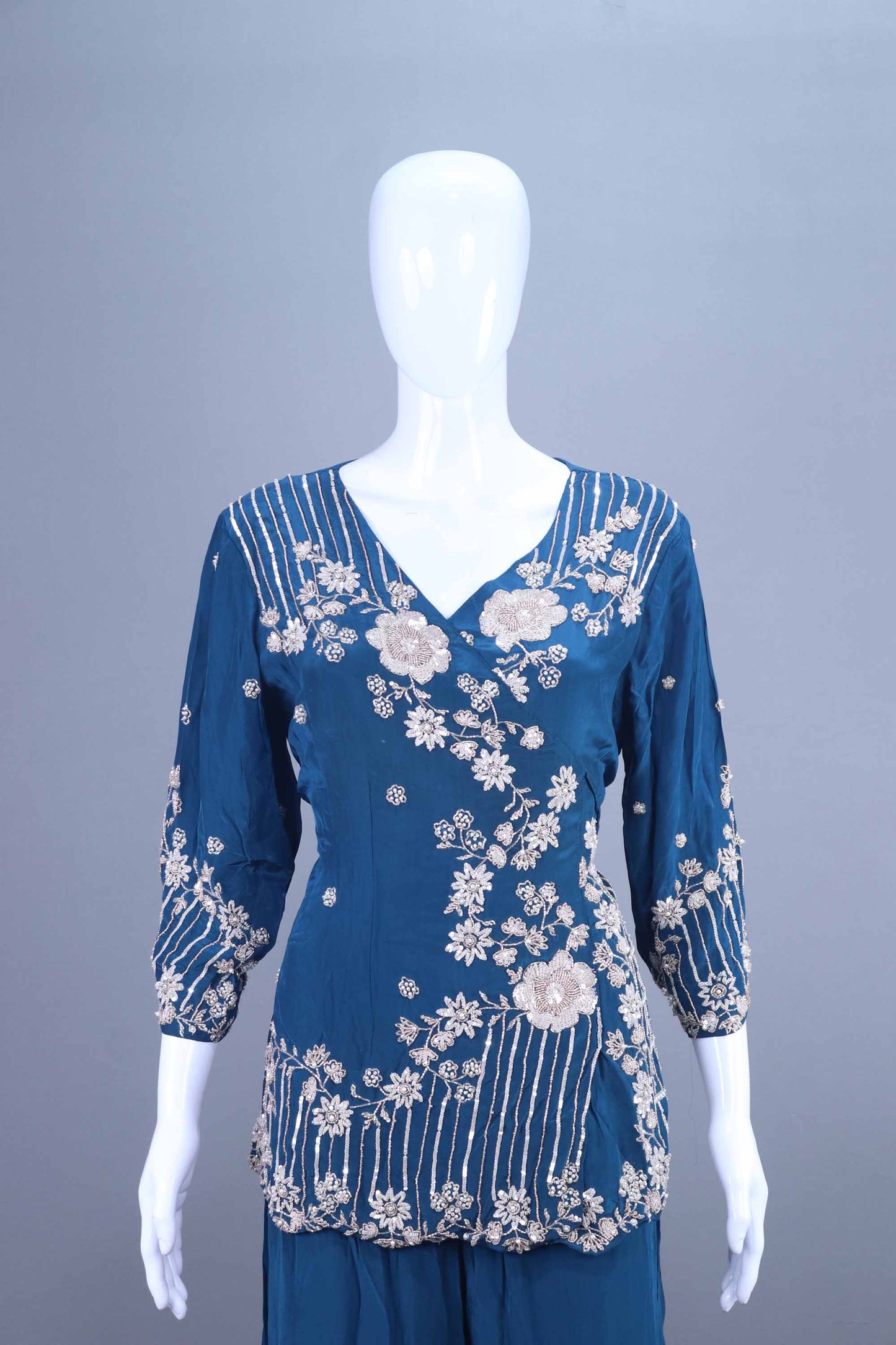 Teal Blue Embroidered Georgette Kurti Sharara Set with Dupatta