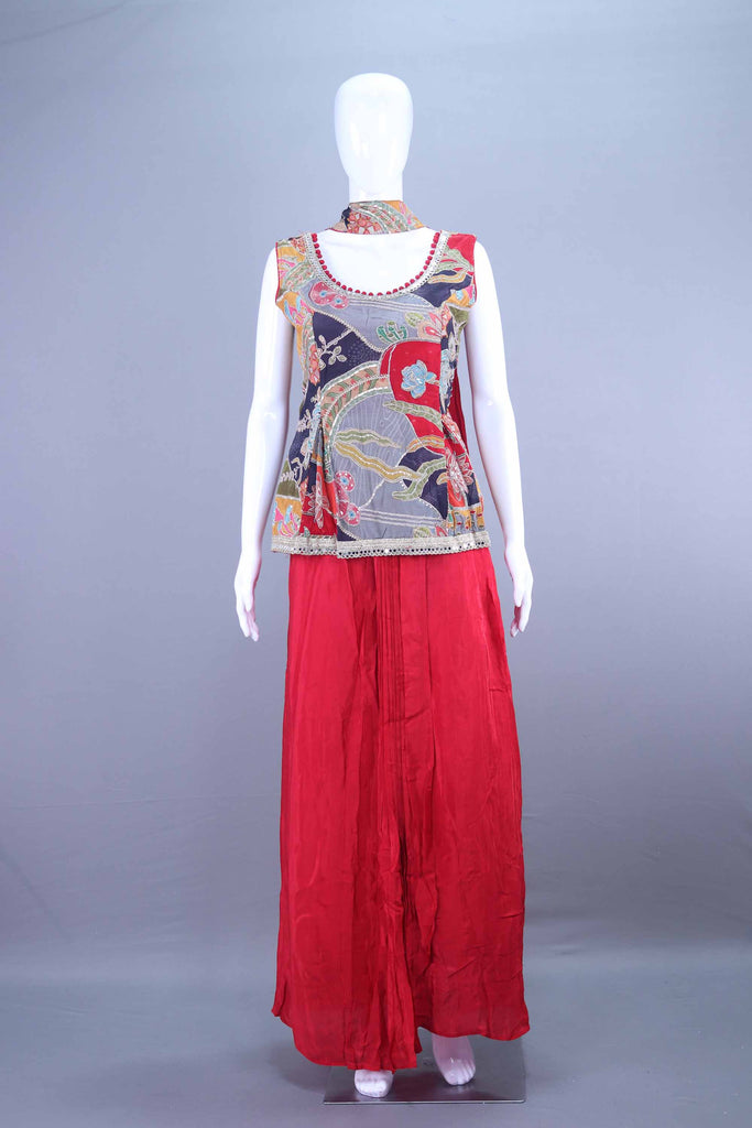 Red Sleeveless Printed Kurti with Palazzo Festive Wear Set