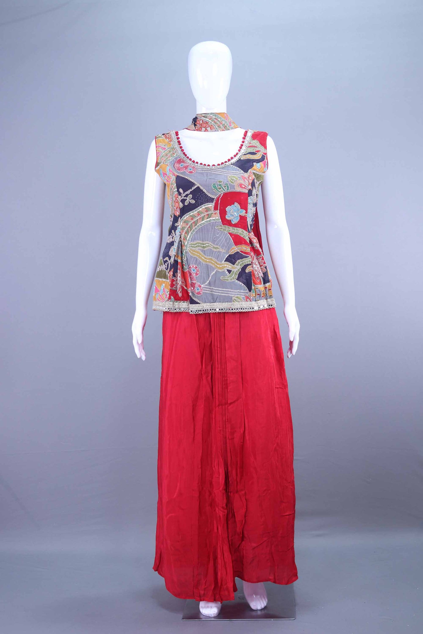 Red Sleeveless Printed Kurti with Palazzo Festive Wear Set