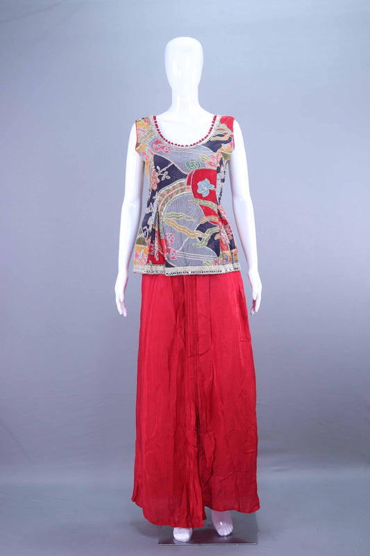Red Sleeveless Printed Kurti with Palazzo Festive Wear Set