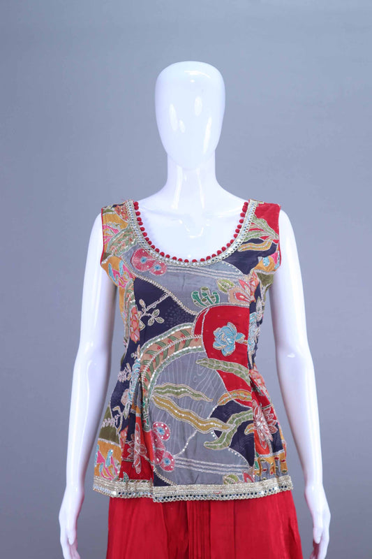 Red Sleeveless Printed Kurti with Palazzo Festive Wear Set