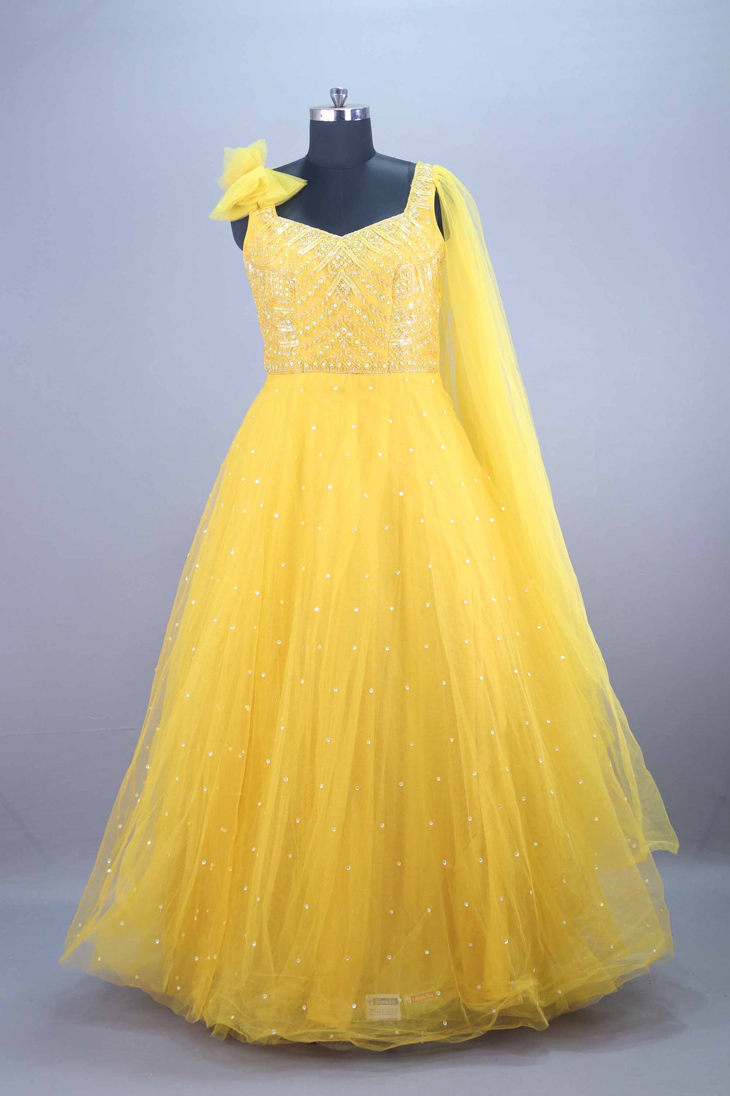Yellow Embellished Net Gown with Dupatta Designer Party Wear 