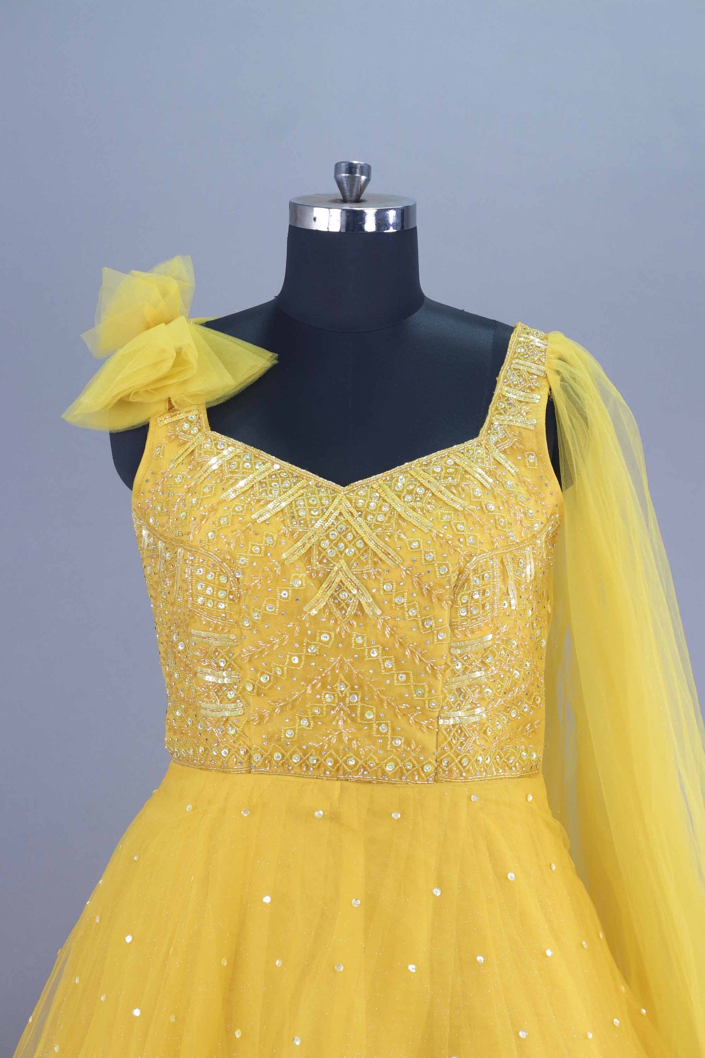 Yellow Embellished Net Gown with Dupatta Designer Party Wear
