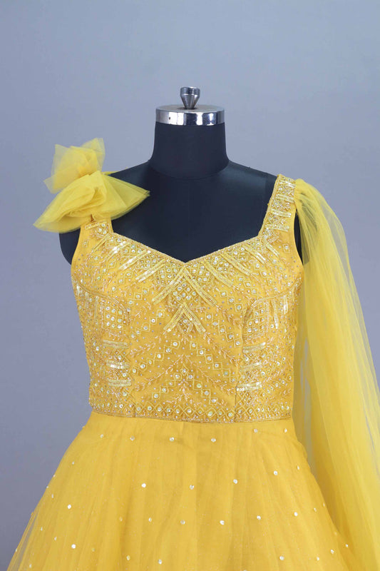 Yellow Embellished Net Gown with Dupatta Designer Party Wear